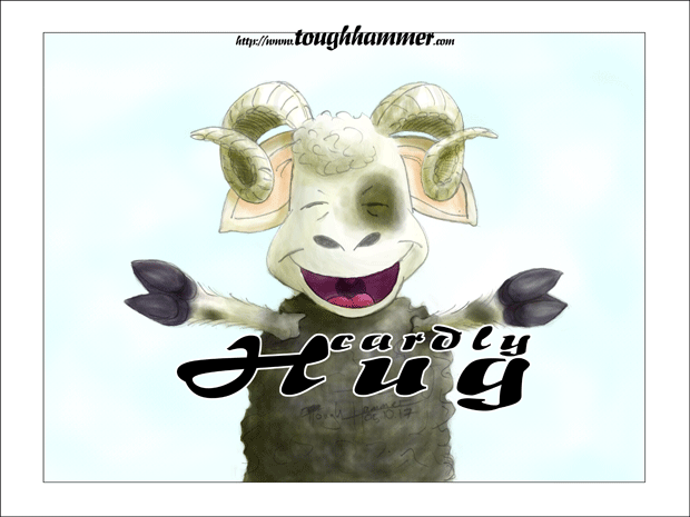 Sheep ram with wide open arms: “cardly Hug”