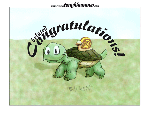 Snail on the back of a turtle: &ldquo;belated Congratulations!&rdquo;
