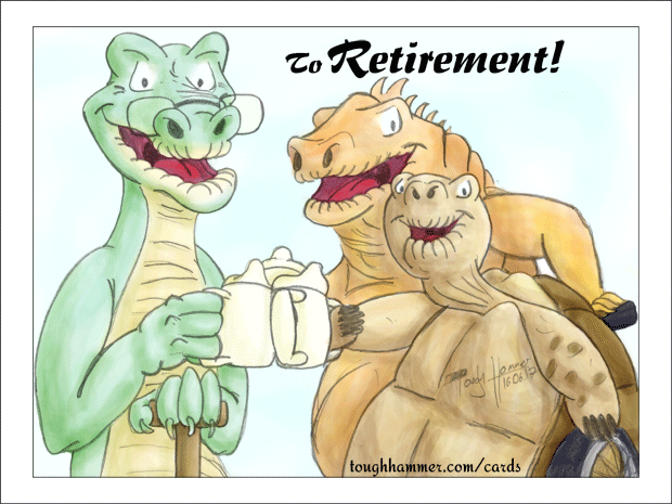 Alligator, dracaena and tortoise clink their feeding cup together and drink a toast to retirement.