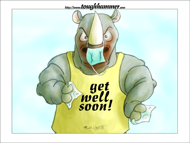 Rhinoceros with handkerchiefs in his hands an a surgical mask  dangling over his red-ruffled nose: &ldquo;get well soon!&rdquo;