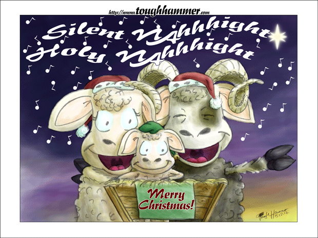 Peeking into the manger a sheep ram with his wife and their lamb are singing: &ldquo;Silent NAhhhight, Holy NAhhhight!&rdquo;