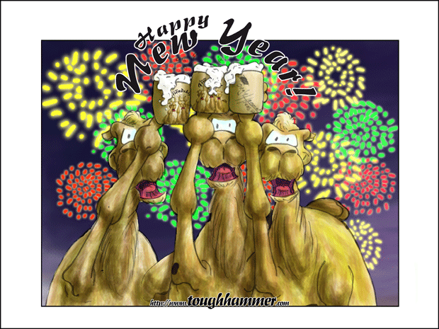 3 Camels raise their beer mugs and toast : &ldquo;Happy New Year!&rdquo;