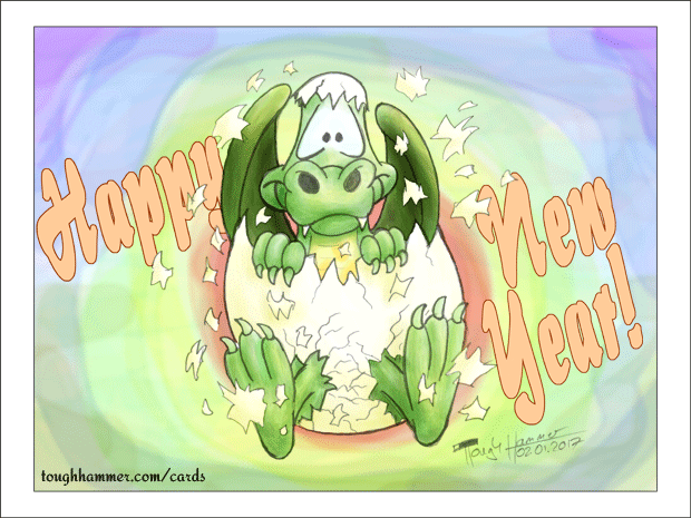 Dragon hatching from an egg: &ldquo;Happy New Year!&rdquo;
