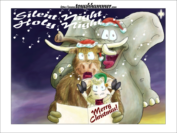 An elephant with a christmashat, a Cattle with a christmashat and a sheep with an elveshat singing: &ldquo;silent night, holy night&rdquo;