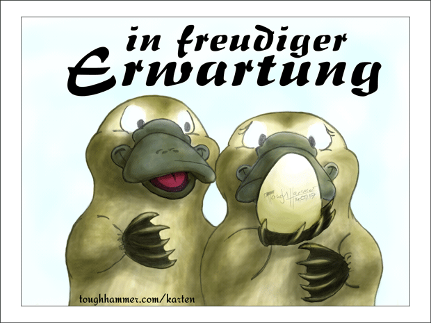 2 Schnabeltiere mit einem Schnabeltierei: &ldquo;in freudiger Erwartung&rdquo;s