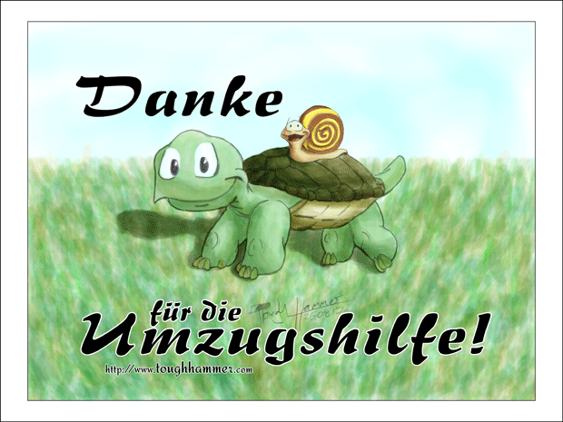 Schnecke auf einer Schildkr&ouml;te: &ldquo;Danke f&uuml;r die Umzugshilfe!&rdquo;