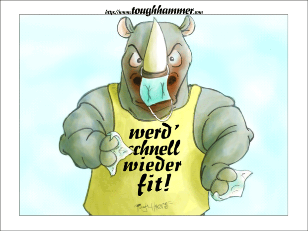 Nashorn mit rotgescheuerter Nase &uuml;ber die eine OP-Maske baumelt und mit Taschent&uuml;chern in der Hand: &ldquo;werd' schnell wieder fit!&rdquo;