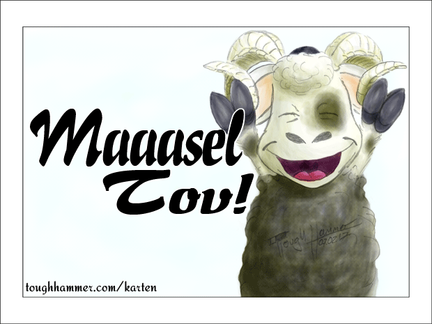 Schafsbock mit hochgestreckten Armen: &ldquo;MAAAsel Tov!&rdquo;