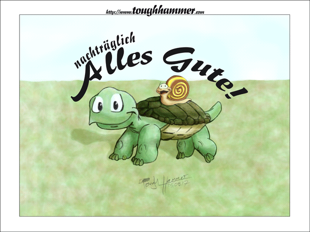 Schnecke auf dem R&uuml;ckenpanzer einer Schild&oumnl;te : &ldquo;nachtr&auml;glich Alles Gute!&rdquo;