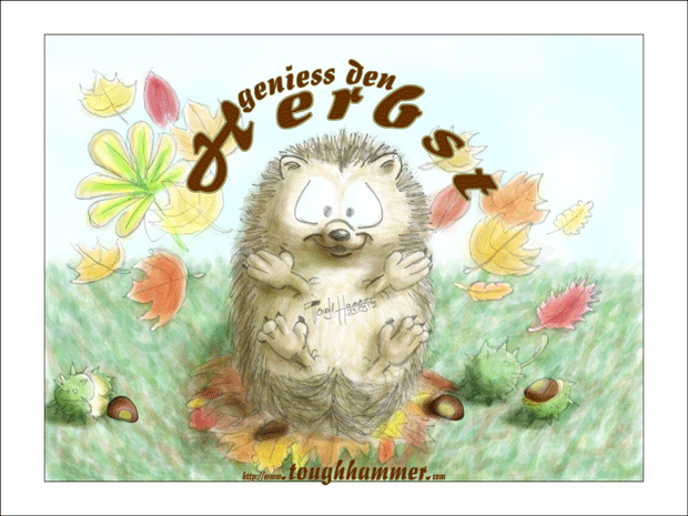 Igel im Laubhaufen wirft Bl&auml;tter hoch: &ldquo;Geniess den Herbst&rdquo;