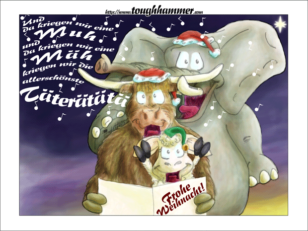 Ein Elefant mit Weihnachtsm&uuml;tze, ein Rind mit Weihnachtsm&uuml;tze und ein Schaf mit Elfenm&uuml;tze singen: &ldquo;Und da kriegen wir eine Muh, und da kriegen wir eine M&auml;h, kriegen wir die allersch&ouml;nste T&auml;ter&auml;t&auml;t&auml;&rdquo;