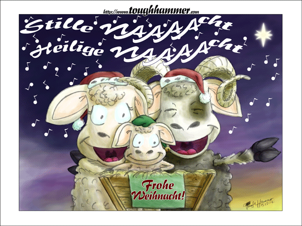In die Krippe schauend singen ein Schafbock mit seiner Frau und Lamm: &ldquo;Stille NAAAAcht, Heilige NAAAAcht!&rdquo;