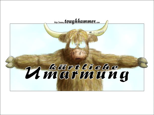 Schottischer Hochlandbulle mit weit ausgebreiteten Armen: &ldquo;k&auml;rtliche Umarmung&rdquo;